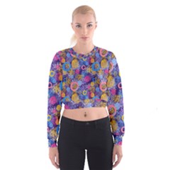 Multicolored Splashes And Watercolor Circles On A Dark Background Cropped Sweatshirt by SychEva