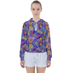 Multicolored Splashes And Watercolor Circles On A Dark Background Women s Tie Up Sweat by SychEva