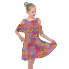 Multicolored Splashes And Watercolor Circles On A Dark Background Kids  Shoulder Cutout Chiffon Dress by SychEva