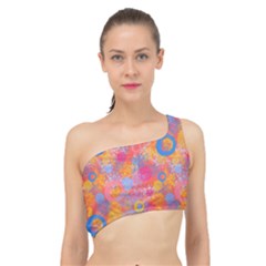 Multicolored Splashes And Watercolor Circles On A Dark Background Spliced Up Bikini Top  by SychEva