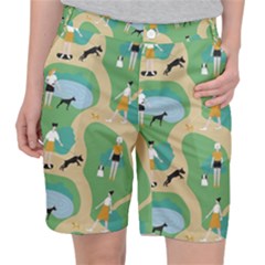 Girls With Dogs For A Walk In The Park Pocket Shorts by SychEva