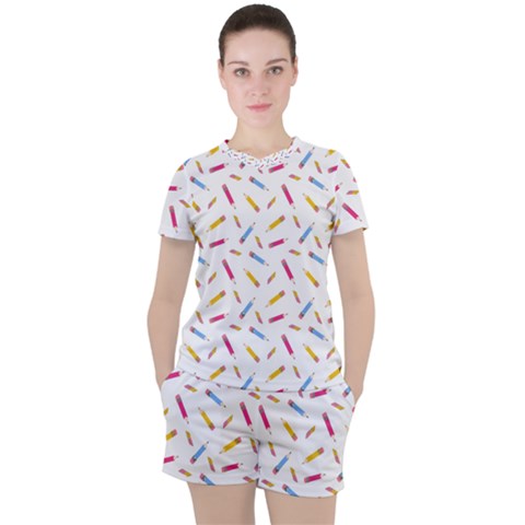 Multicolored Pencils And Erasers Women s Tee And Shorts Set by SychEva