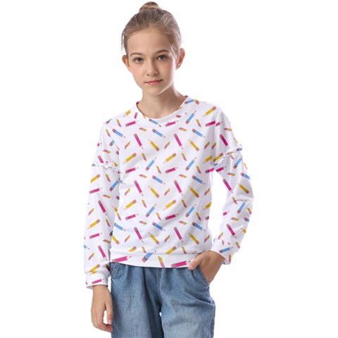 Multicolored Pencils And Erasers Kids  Long Sleeve Tee With Frill  by SychEva