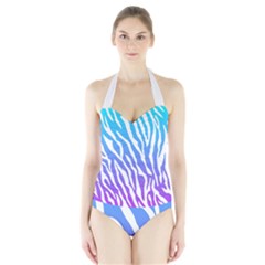 White Tiger Purple & Blue Animal Fur Print Stripes Halter Swimsuit by Casemiro