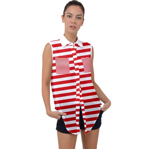 Red And White Stripes Pattern, Geometric Theme Sleeveless Chiffon Button Shirt by Casemiro