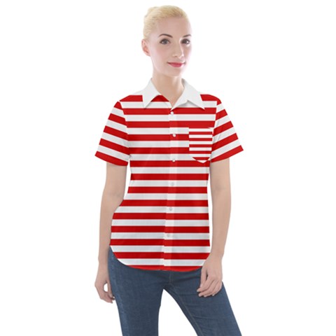 Red And White Stripes Pattern, Geometric Theme Women s Short Sleeve Pocket Shirt by Casemiro