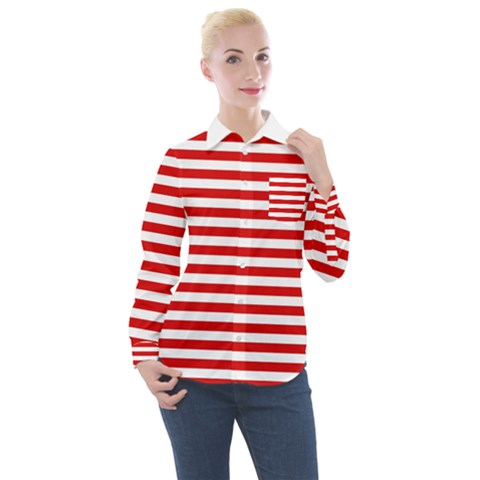 Red And White Stripes Pattern, Geometric Theme Women s Long Sleeve Pocket Shirt by Casemiro