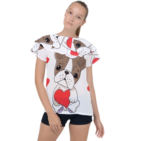 French Bulldog Hearts Ruffle Collar Chiffon Blouse by SomethingForEveryone