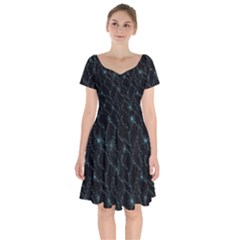 Turquoise Abstract Flowers With Splashes On A Dark Background  Abstract Print Short Sleeve Bardot Dress by SychEva