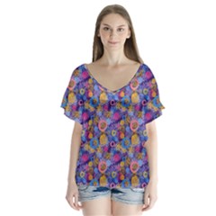 Multicolored Circles And Spots V-neck Flutter Sleeve Top by SychEva