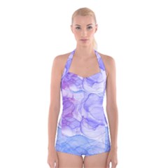 Purple And Blue Alcohol Ink  Boyleg Halter Swimsuit 