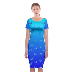 Butterflies At Blue, Two Color Tone Gradient Classic Short Sleeve Midi Dress by Casemiro