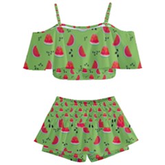 Juicy Slices Of Watermelon On A Green Background Kids  Off Shoulder Skirt Bikini by SychEva