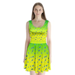 Blue Butterflies At Yellow And Green, Two Color Tone Gradient Split Back Mini Dress  by Casemiro