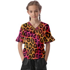 Leopard Print Kids  V-neck Horn Sleeve Blouse by skindeep