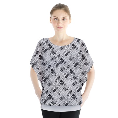 8 Bit Newspaper Pattern, Gazette Collage Black And White Batwing Chiffon Blouse by Casemiro