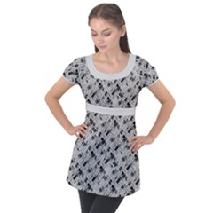 8 Bit Newspaper Pattern, Gazette Collage Black And White Puff Sleeve Tunic Top by Casemiro