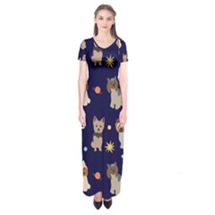 Terrier Cute Dog With Stars Sun And Moon Short Sleeve Maxi Dress by SychEva