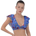 Blue 50s Plunge Frill Sleeve Bikini Top View1