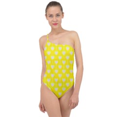 Purple Hearts On Yellow Background Classic One Shoulder Swimsuit by SychEva