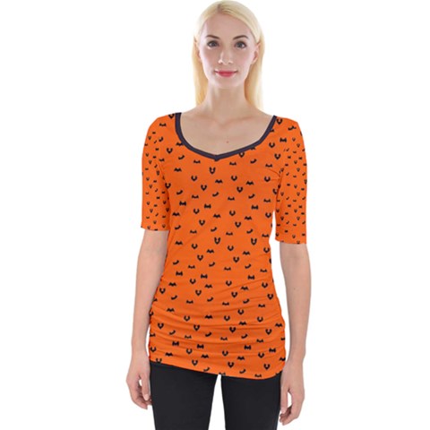 Halloween, Black Bats Pattern On Orange Wide Neckline Tee by Casemiro