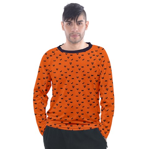 Halloween, Black Bats Pattern On Orange Men s Long Sleeve Raglan Tee by Casemiro