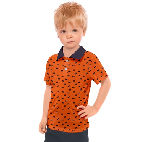 Halloween, Black Bats Pattern On Orange Kids  Polo Tee by Casemiro