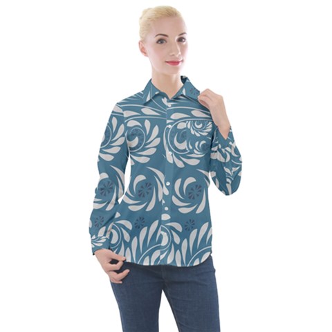 Folk Flowers Pattern Floral Surface Design Seamless Pattern Women s Long Sleeve Pocket Shirt by Eskimos