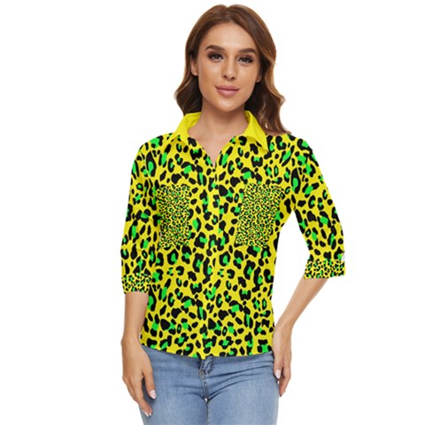 Yellow And Green, Neon Leopard Spots Pattern Women s Quarter Sleeve Pocket Shirt by Casemiro