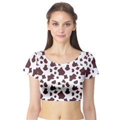 Brown Cow Spots Pattern, Animal Fur Print Short Sleeve Crop Top