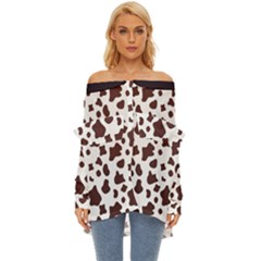 Brown Cow Spots Pattern, Animal Fur Print Off Shoulder Chiffon Pocket Shirt by Casemiro