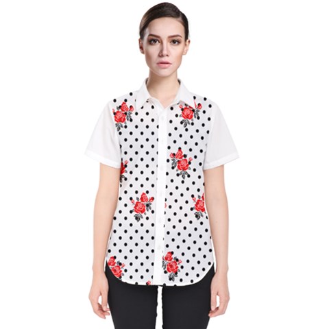 Red Vector Roses And Black Polka Dots Pattern Women s Short Sleeve Shirt by Casemiro