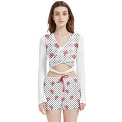 Red Vector Roses And Black Polka Dots Pattern Velvet Wrap Crop Top And Shorts Set by Casemiro