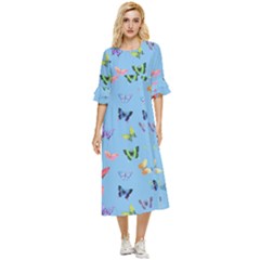 Multicolored Butterflies Whirl Double Cuff Midi Dress