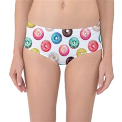 Delicious Multicolored Donuts On White Background Mid-waist Bikini Bottoms by SychEva