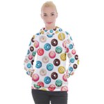 Delicious Multicolored Donuts On White Background Women s Hooded Pullover