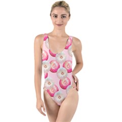 Pink And White Donuts High Leg Strappy Swimsuit by SychEva