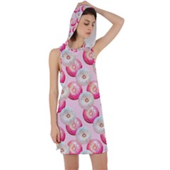 Pink And White Donuts Racer Back Hoodie Dress by SychEva