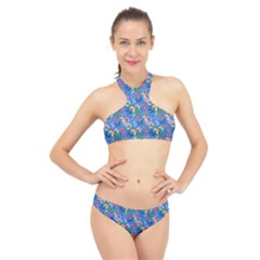 Multicolored Butterflies Fly On A Blue Background High Neck Bikini Set by SychEva