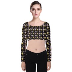 Shiny Pumpkins On Black Background Velvet Long Sleeve Crop Top by SychEva