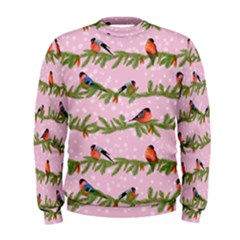 Bullfinches Sit On Branches On A Pink Background Men s Sweatshirt by SychEva