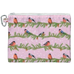 Bullfinches Sit On Branches On A Pink Background Canvas Cosmetic Bag (xxl) by SychEva