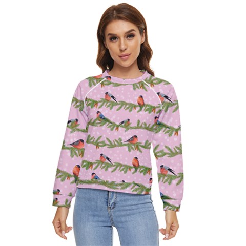 Bullfinches Sit On Branches On A Pink Background Women s Long Sleeve Raglan Tee by SychEva