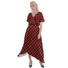 Dark Red Tartan, Retro Buffalo Plaid, Tiled Pattern Cross Front Sharkbite Hem Maxi Dress