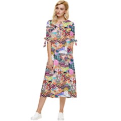 Retro Color Bow Sleeve Chiffon Midi Dress