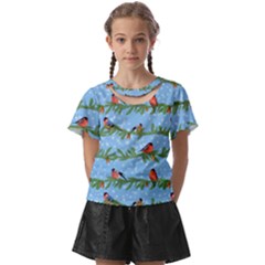 Bullfinches On Spruce Branches Kids  Front Cut Tee by SychEva