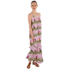 Bullfinches Sit On Branches On A Pink Background Cami Maxi Ruffle Chiffon Dress by SychEva