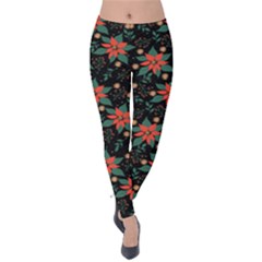 Large Christmas Poinsettias On Black Velvet Leggings by PodArtist