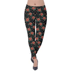 Medium Red Christmas Poinsettias On Black Velvet Leggings by PodArtist