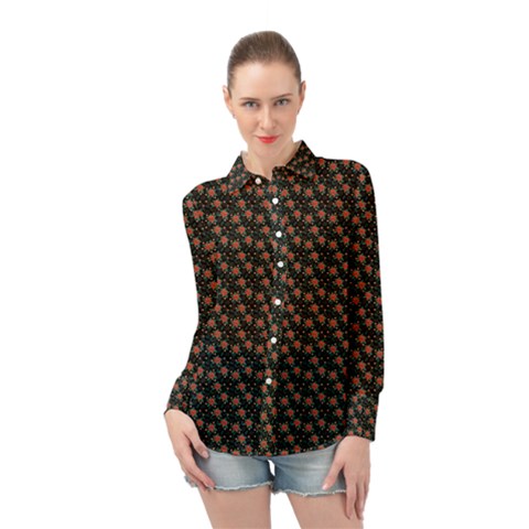 Small Red Christmas Poinsettias On Black Long Sleeve Chiffon Shirt by PodArtist